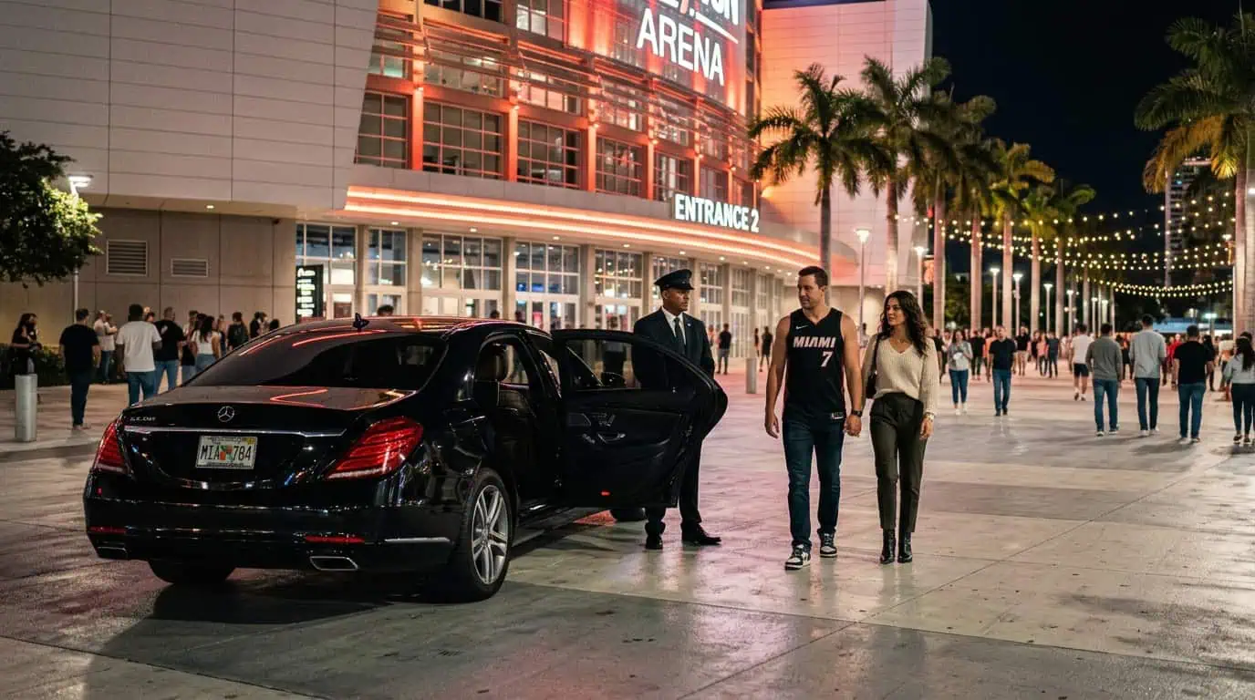 Professional Metheora Limo chauffeur in a dark suit opening the rear door of a black Cadillac Escalade ESV at the arrival lane outside Kaseya Center in downtown Miami on game day
