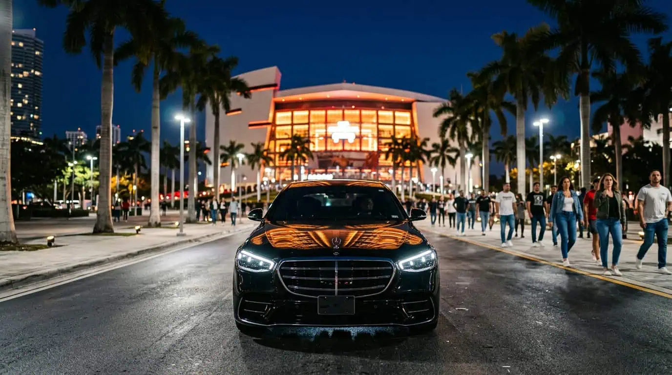 Black Mercedes-Benz S-Class approaching Kaseya Center on a Miami Heat game night — Metheora Limo season schedule car service