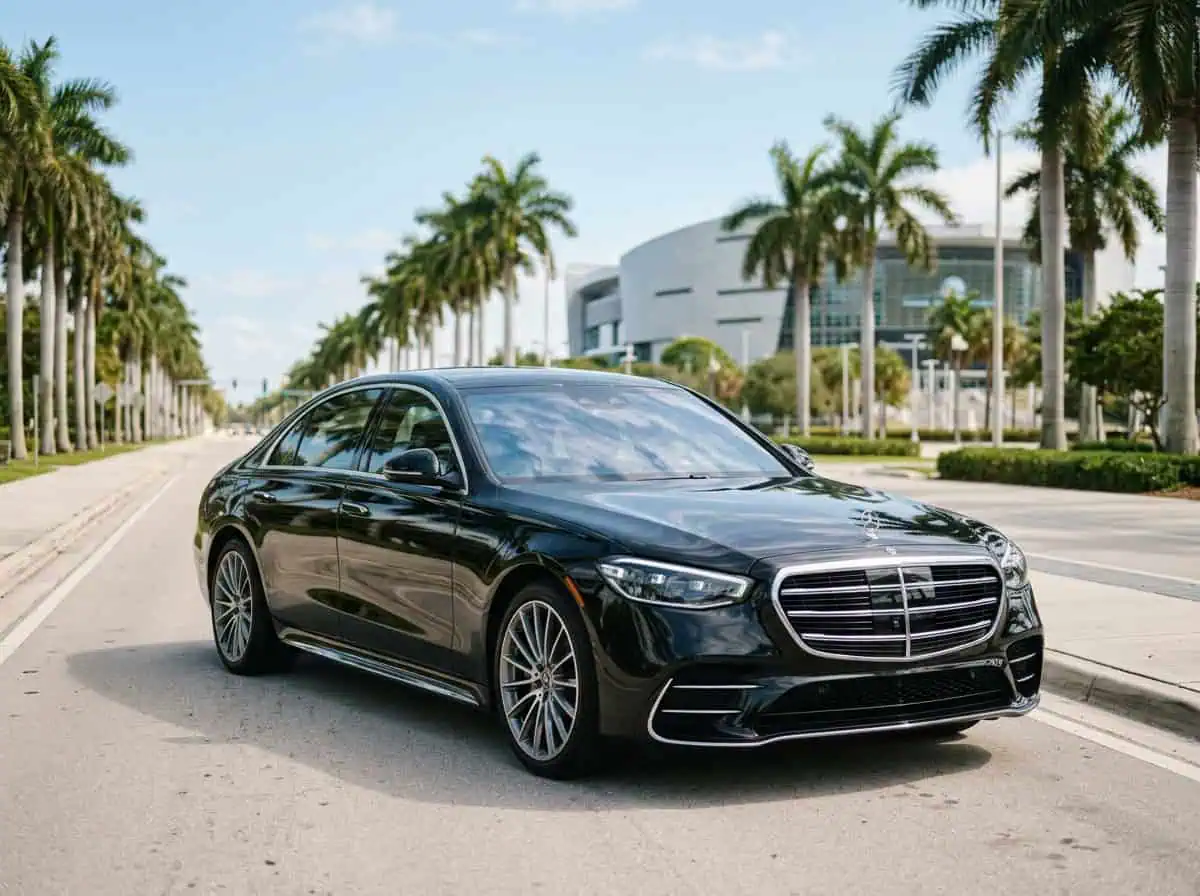 Black Mercedes-Benz S-Class parked outside Hard Rock Stadium on a sunny Miami day - Metheora Limo Miami Open car service