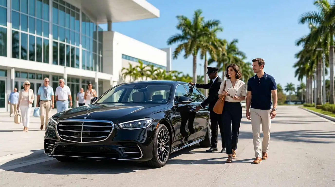 Professional Metheora Limo chauffeur in a dark suit opening the rear door of a black Cadillac Escalade ESV at the arrival lane outside Hard Rock Stadium in Miami Gardens for the Miami Open