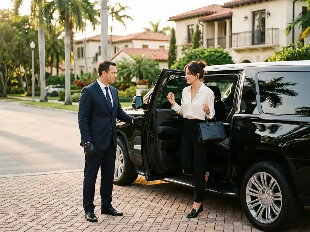 Black Cadillac Escalade ESV in the driveway of a Coral Gables luxury home with chauffeur — Metheora Limo retained private driver Miami