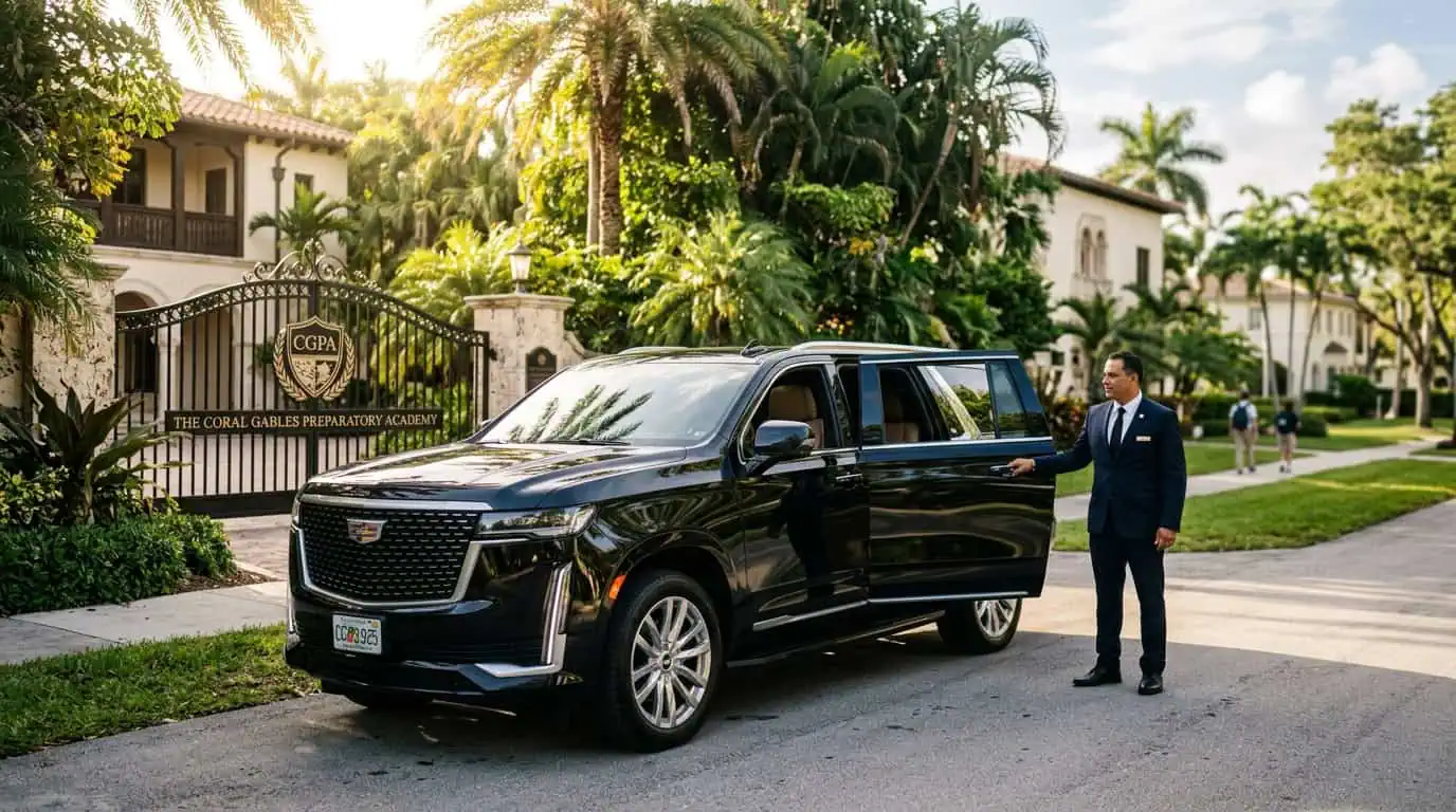 Private chauffeur holding the door of a black Cadillac Escalade ESV for a Miami family — Metheora Limo private driver