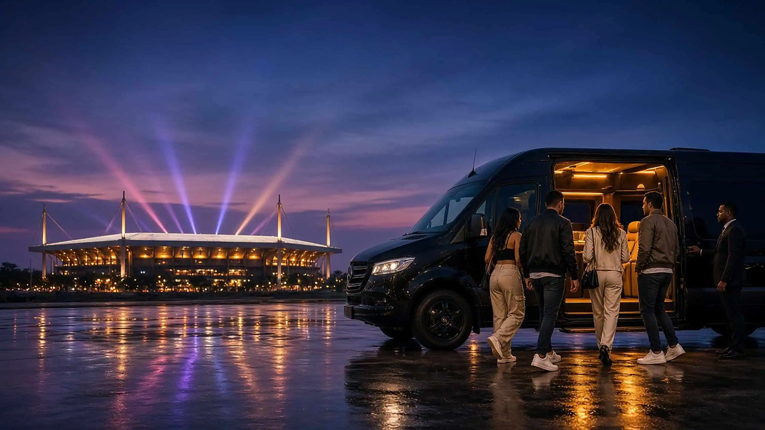 Metheora Limo chauffeur opening the rear door of a black Cadillac Escalade ESV for concert guests arriving at Hard Rock Stadium
