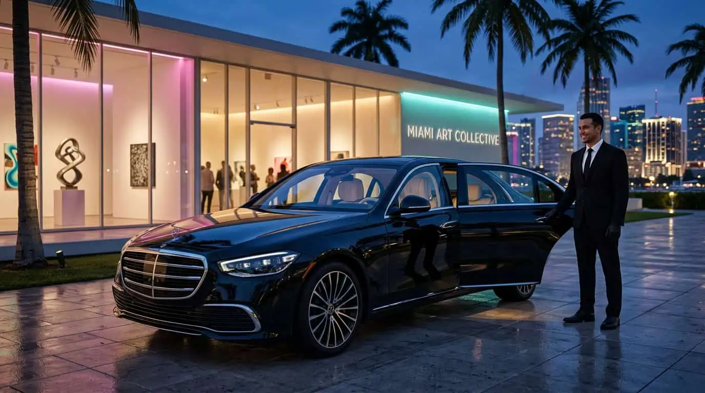 Professional chauffeur in a black suit opening the rear door of a Mercedes-Benz S-Class outside a modern Miami art gallery during Miami Art Week 2026.
