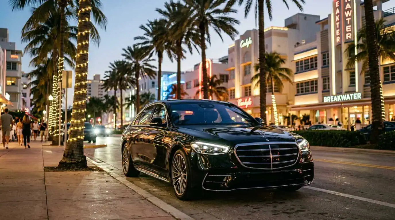 Black Mercedes luxury car service in Miami during December event season.