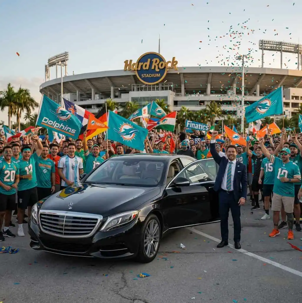 A crowd of enthusiastic Miami Dolphins fans wearing teal jerseys celebrates in front of Hard Rock Stadium[cite: 1, 2]. Many hold team flags, and a man in a navy suit stands next to a luxury black Mercedes-Benz with the door open, fist-pumping as colorful confetti rains down