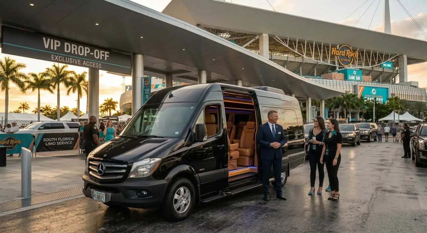 Professional Metheora Limo chauffeur in a dark suit opening the rear door of a black Cadillac Escalade ESV at the arrival lane outside Hard Rock Stadium in Miami Gardens on game day
