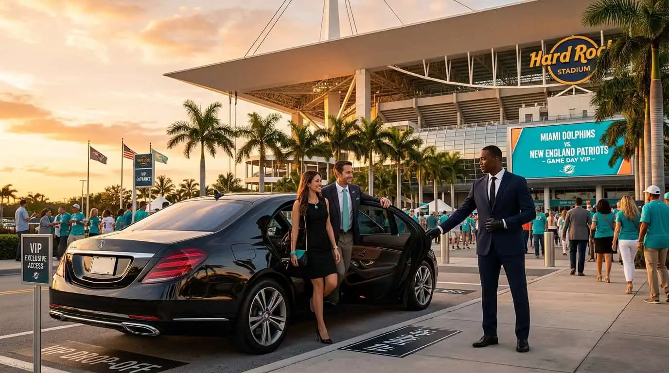 Professional Metheora Limo chauffeur in a dark suit opening the rear door of a black Cadillac Escalade ESV at the arrival lane outside Hard Rock Stadium in Miami Gardens on game day
