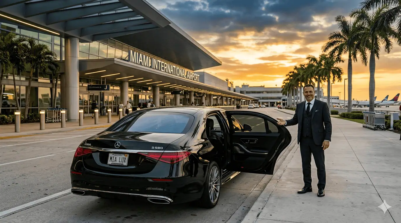 Professional Metheora Limo chauffeur in dark suit opening the rear door of a black Cadillac Escalade ESV at the VIP arrival lane outside Hard Rock Stadium Miami Gardens, elegantly dressed couple stepping out, Brazil and Portugal soccer fans with scarves visible in background, FIFA World Cup 2026 Miami limo service