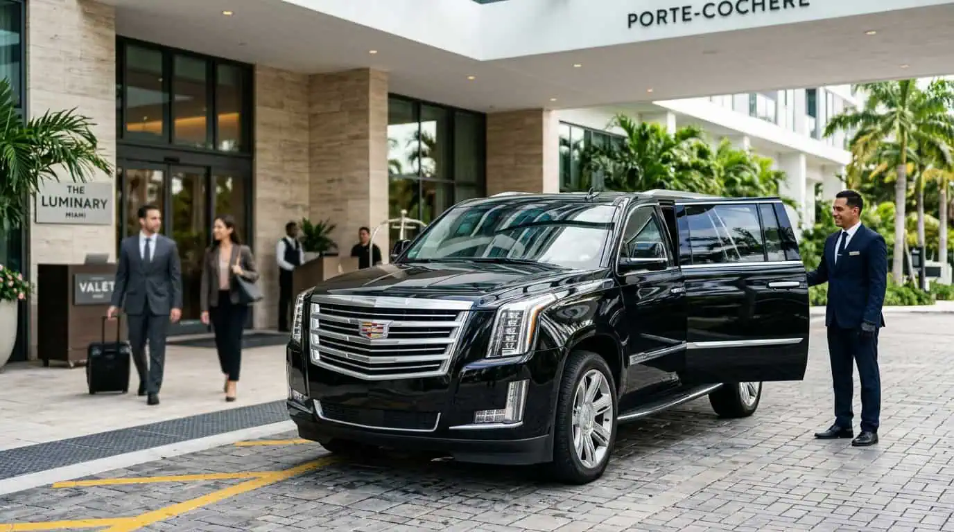 Chauffeur waiting by the open rear door of a black Escalade at a Miami hotel for a multi-day business trip.