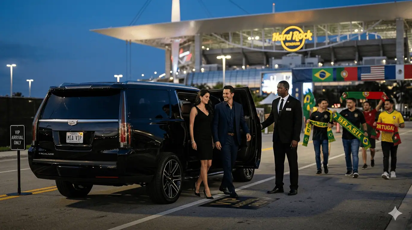 Professional Metheora Limo chauffeur in dark suit opening the rear door of a black Cadillac Escalade ESV at the VIP arrival lane outside Hard Rock Stadium Miami Gardens, elegantly dressed couple stepping out, Brazil and Portugal soccer fans with scarves visible in background, FIFA World Cup 2026 Miami limo service