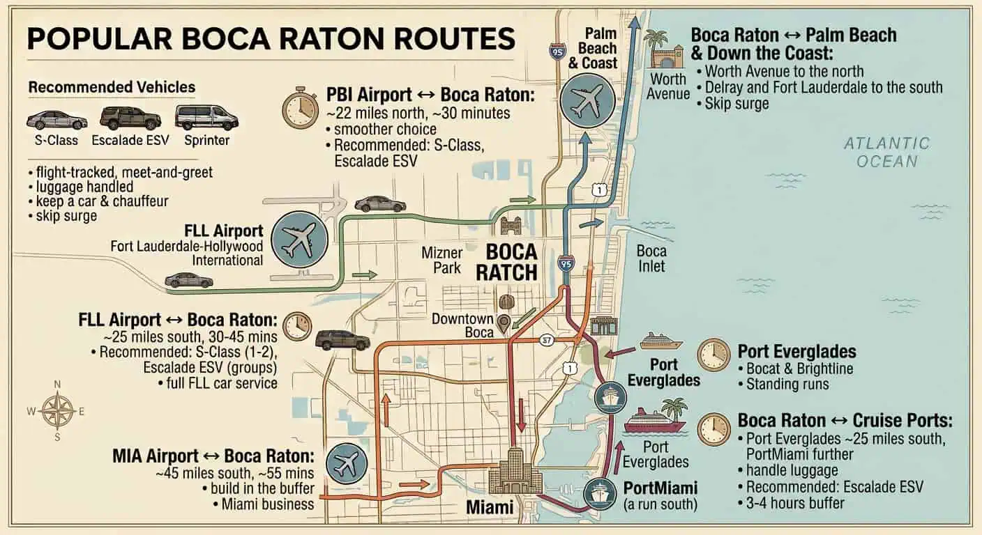 An infographic map of Boca Raton, Florida, detailing chauffeur routes to PBI Airport, FLL Airport, MIA Airport, Port Everglades, PortMiami, Mizner Park, and Worth Avenue, featuring vehicle recommendations such as S-Class, Escalade ESV, and Sprinter.