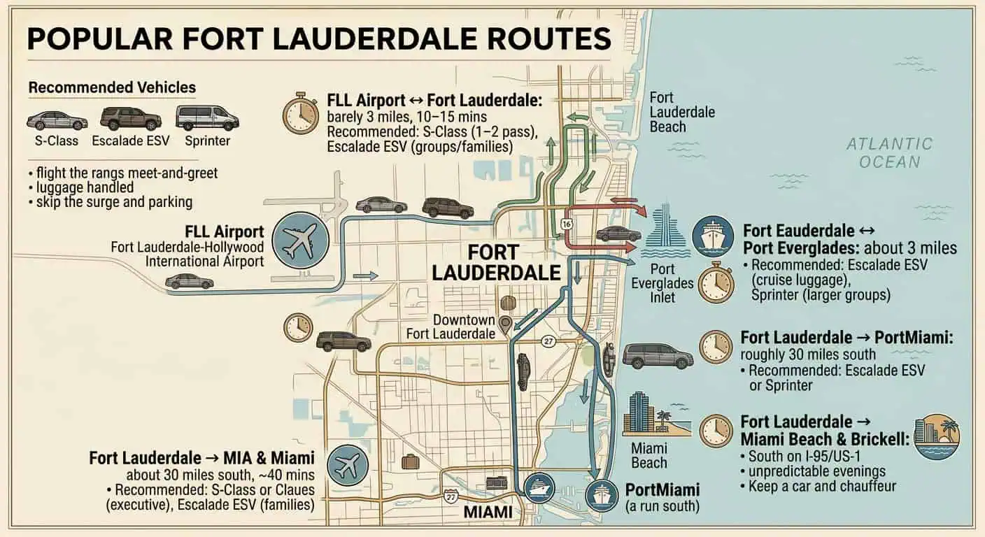An illustrated transportation map for Fort Lauderdale, Florida, mapping popular routes connecting FLL Airport, Port Everglades, PortMiami, Miami International Airport (MIA), Miami Beach, and Brickell, along with recommended vehicle classes and travel times