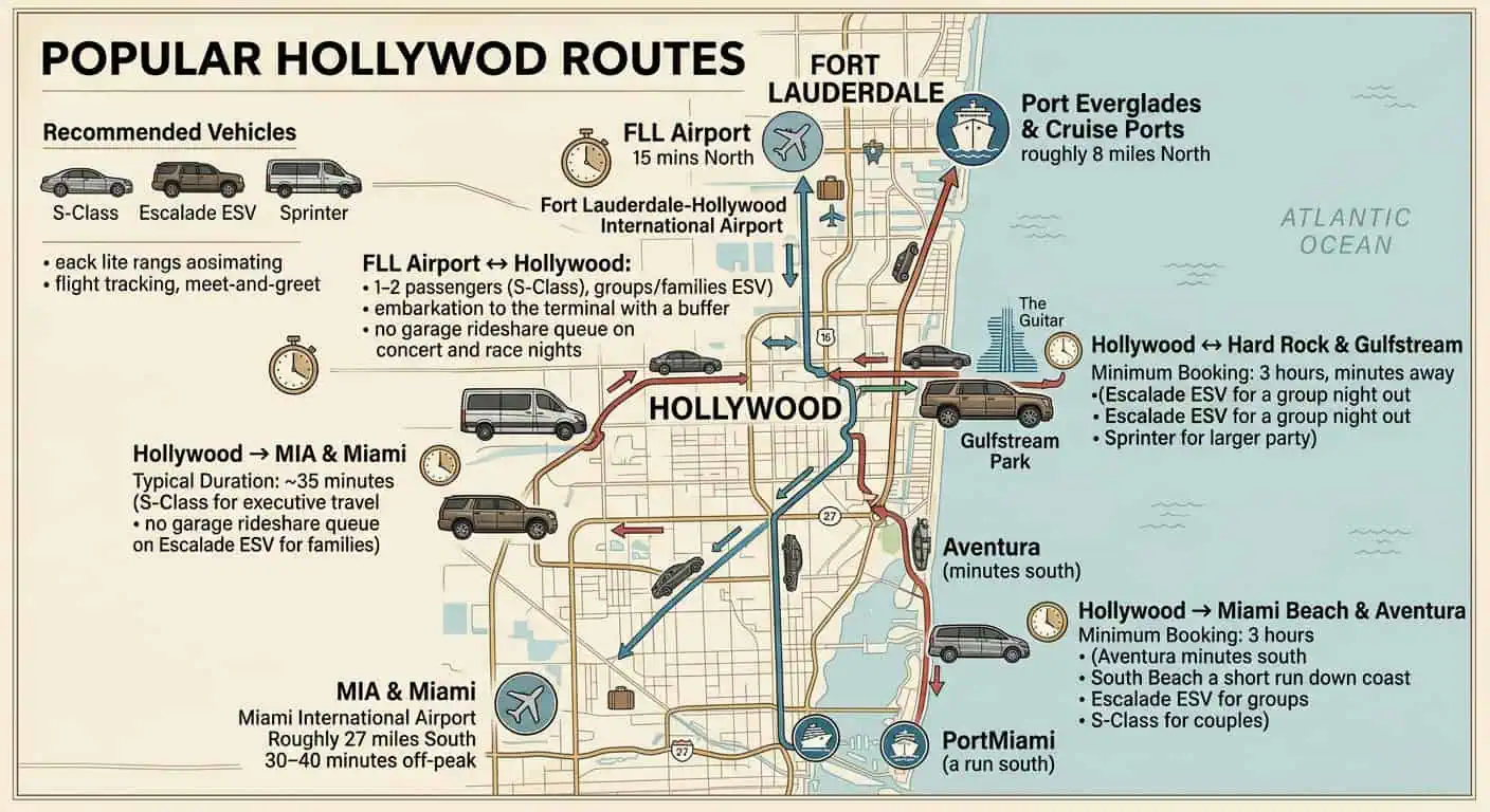 An illustrated route map displaying popular transportation paths to and from Hollywood, Florida, including transfers between Fort Lauderdale-Hollywood International Airport (FLL), Port Everglades, PortMiami, Miami International Airport (MIA), Hard Rock Hotel, and Miami Beach, with key travel times and recommended luxury vehicles.
