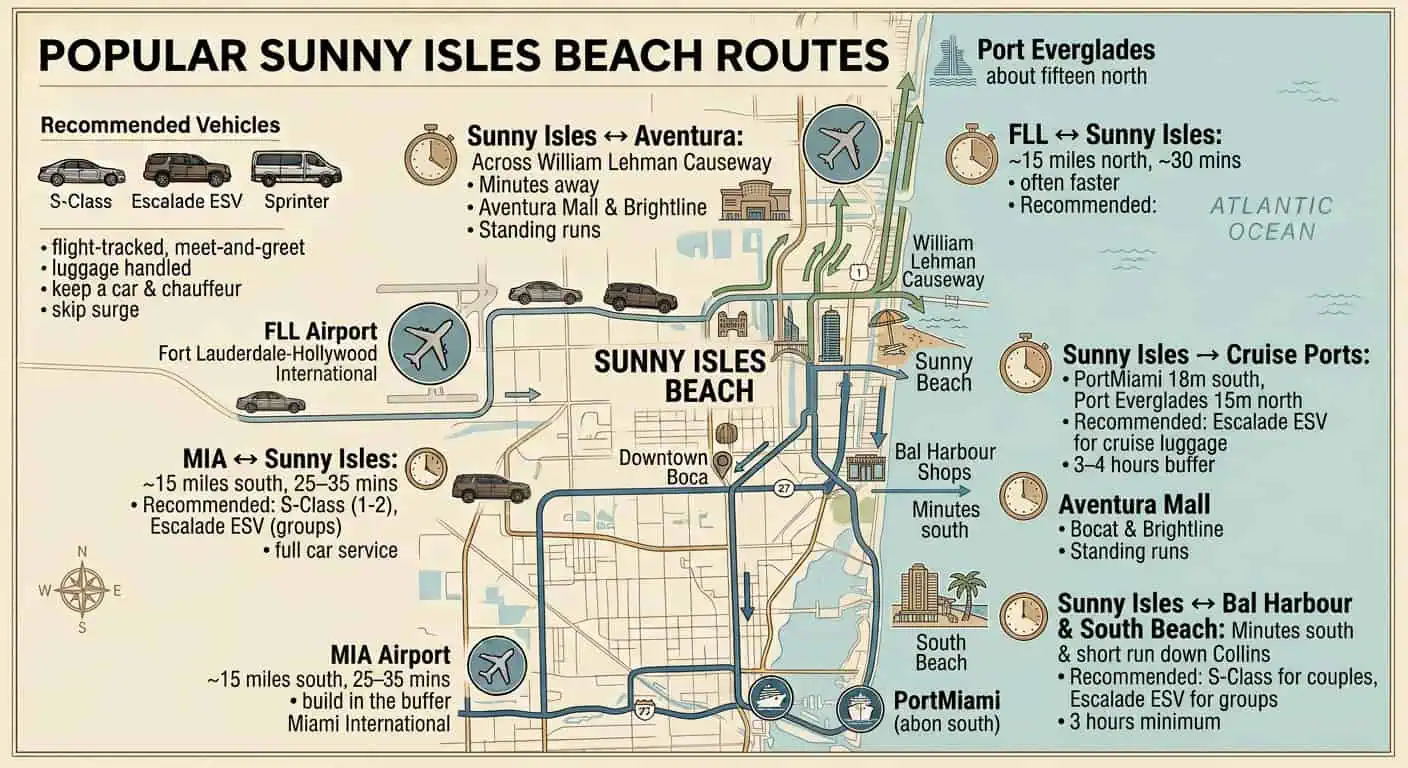 An illustrated transfer route map centered on Sunny Isles Beach, Florida, depicting travel routes to Miami International Airport (MIA), Fort Lauderdale Airport (FLL), PortMiami, Port Everglades, Bal Harbour Shops, South Beach, and Aventura Mall.