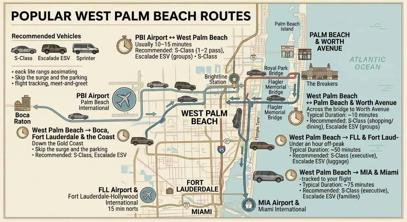 An illustrated route map highlighting key chauffeur transfer routes for West Palm Beach, Florida, showing connections to Palm Beach International Airport (PBI), Palm Beach Island, Worth Avenue, The Breakers, Fort Lauderdale (FLL), and Miami (MIA) with duration estimates and vehicle suggestions.