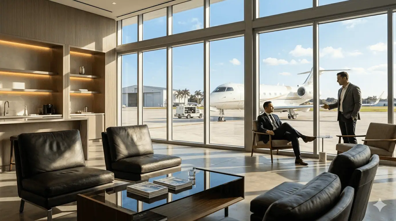 Executives waiting in a private aviation FBO lounge at Miami Executive Airport, with a business jet visible on the ramp through floor-to-ceiling windows