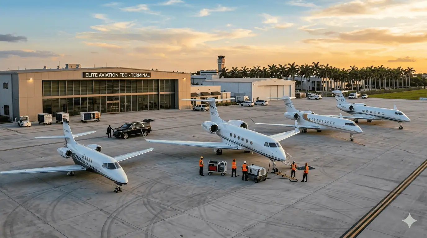 Multiple business jets of varying sizes parked on the FBO ramp at Opa-locka Executive Airport at sunset, with ground crew servicing aircraft and a black luxury SUV positioned near the terminal