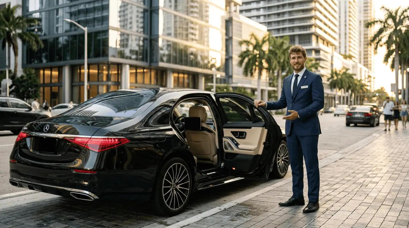 A professional Miami chauffeur opening a door for a business client in Brickell, Miami.