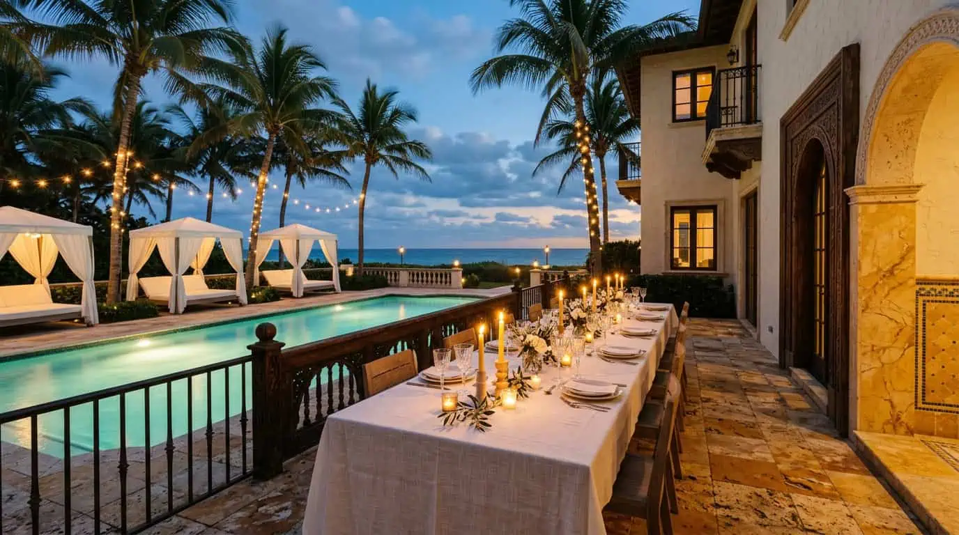 Candlelit poolside dining terrace with white cabanas and palms in Miami Beach at night