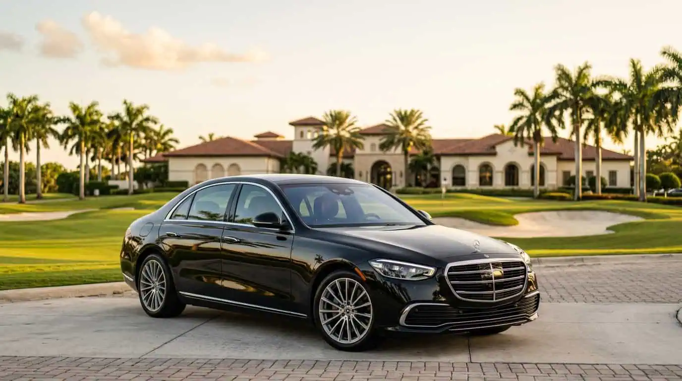 Black executive sedan parked on a paved driveway at Trump National Doral Miami golf club with a Mediterranean style clubhouse and lush fairways in the background.